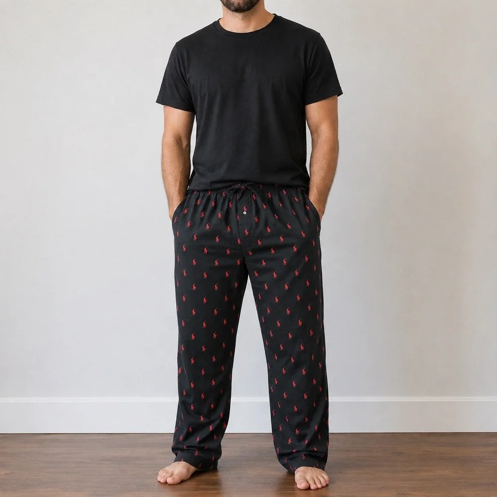 Vintage Polo Ralph Lauren Sleep Pants Mens XL Black Red Pony Player Pajamas